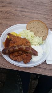 My meal. Bratwurst, Steak, krautsalat (coleslaw) and bread. 